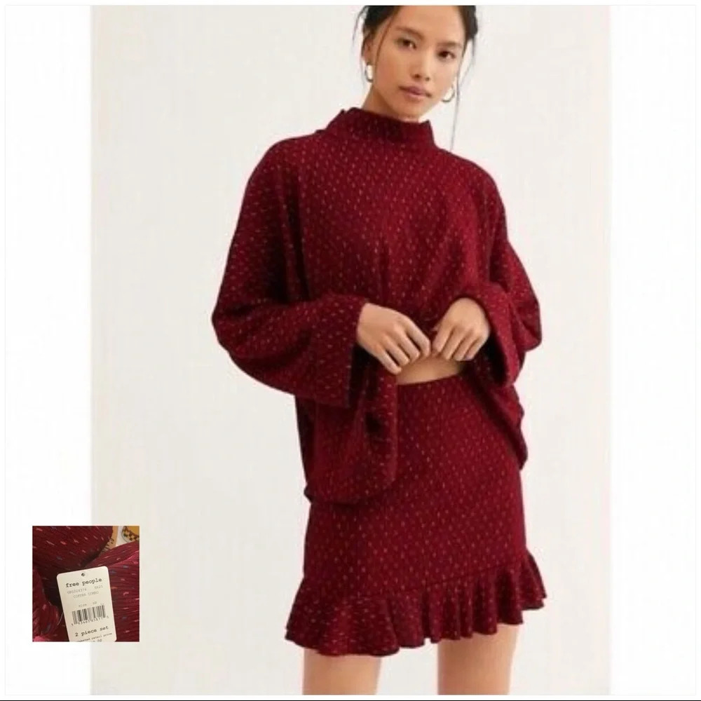Free People NWT Burgundy Set The Mood Skirt Set